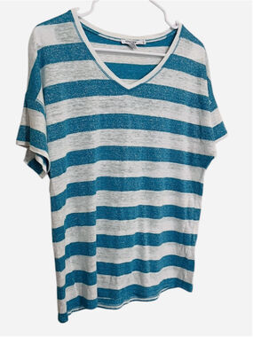 Chicos Linen Metallic Top Women’s Medium 1 Teal Blue White Striped V-neck Tee